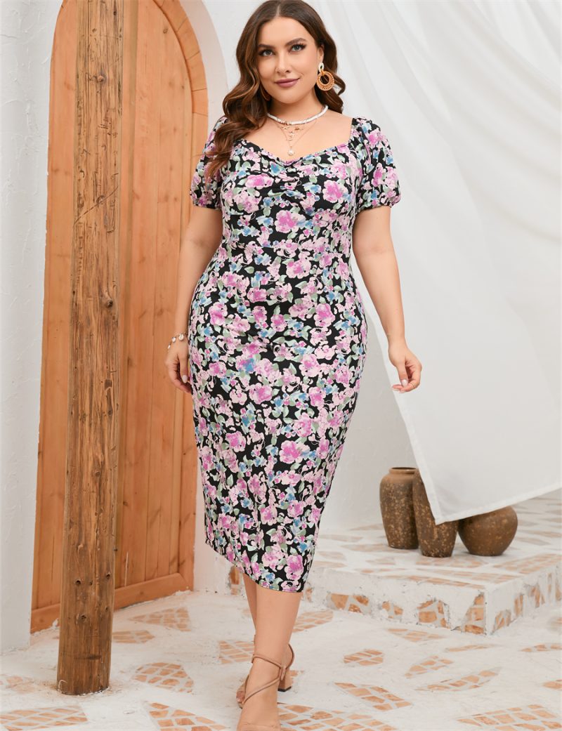 Plus Size Women Summer Puff Sleeve Slim Fit High Waist Hip Dress Rear Split Dress - Image 2