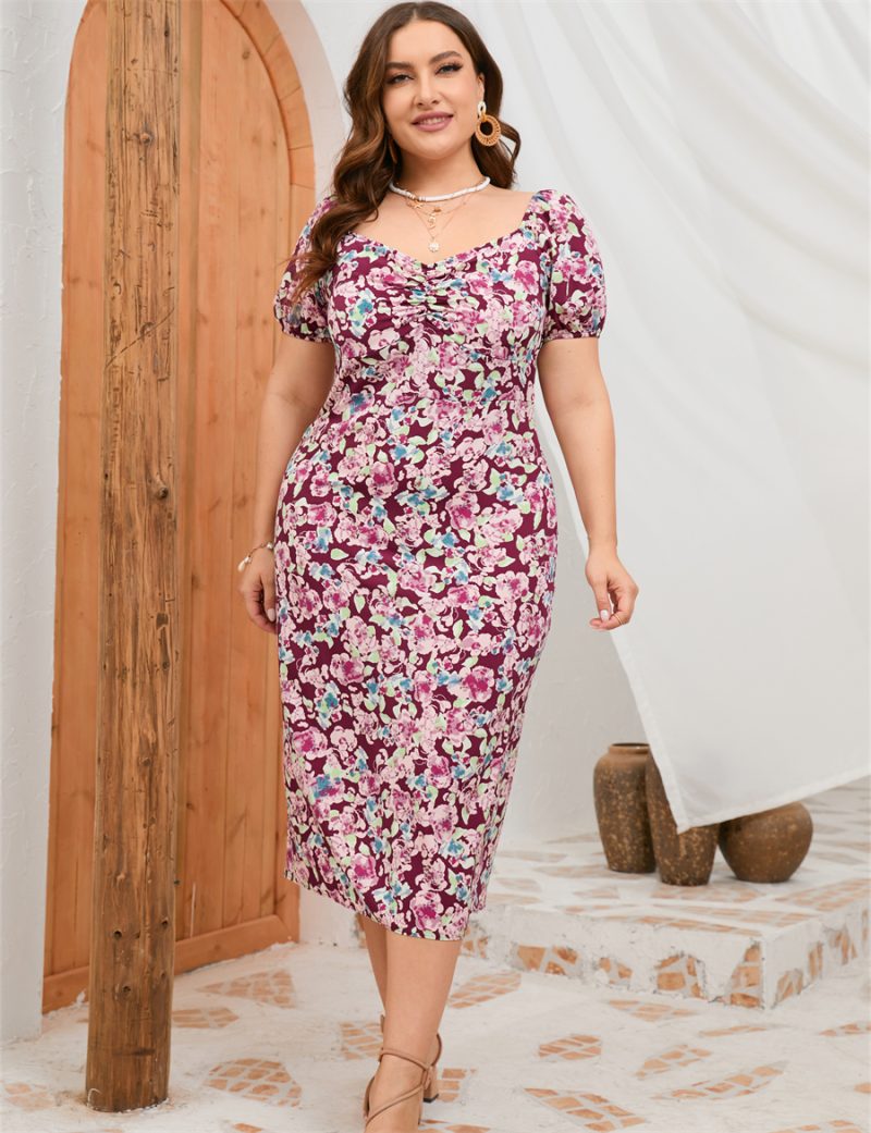 Plus Size Women Summer Puff Sleeve Slim Fit High Waist Hip Dress Rear Split Dress - Image 9