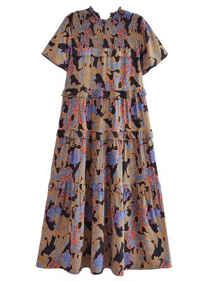 Women Clothing Spring Elegant Bohemian Printed Large Swing Dress