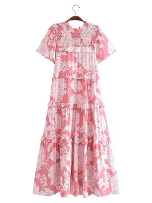 Spring Women Clothing Rayon Printed Elastic Slingback Tiered Dress