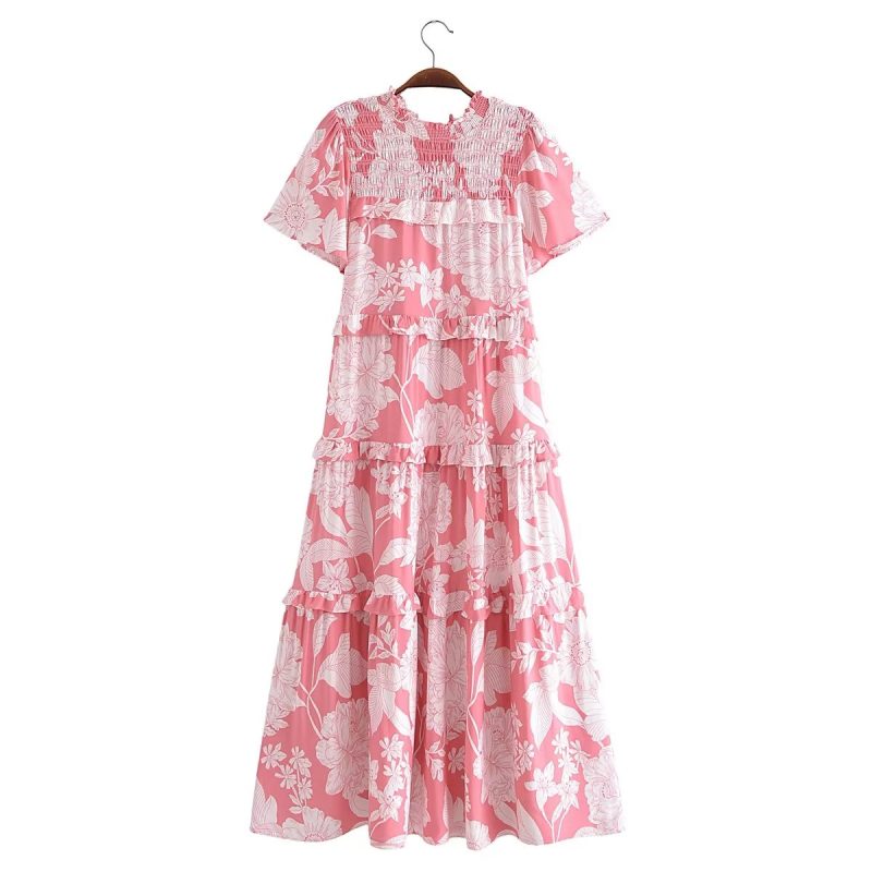 Spring Women Clothing Rayon Printed Elastic Slingback Tiered Dress
