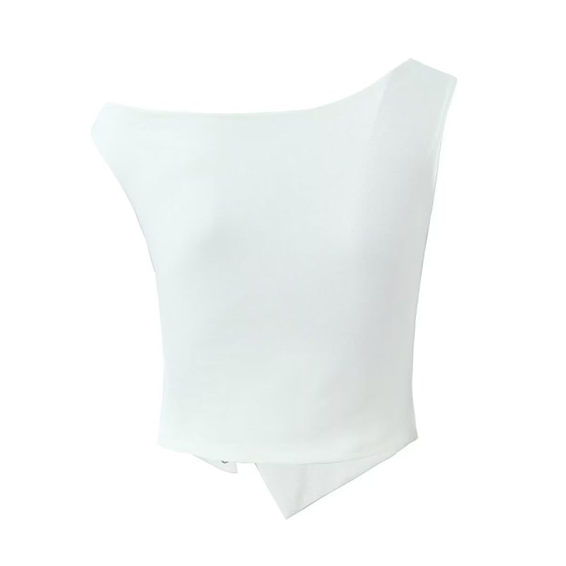 Women Clothing Spring Summer Solid Color Sleeveless One Shoulder Irregular Asymmetric Slit Women Top - Image 5