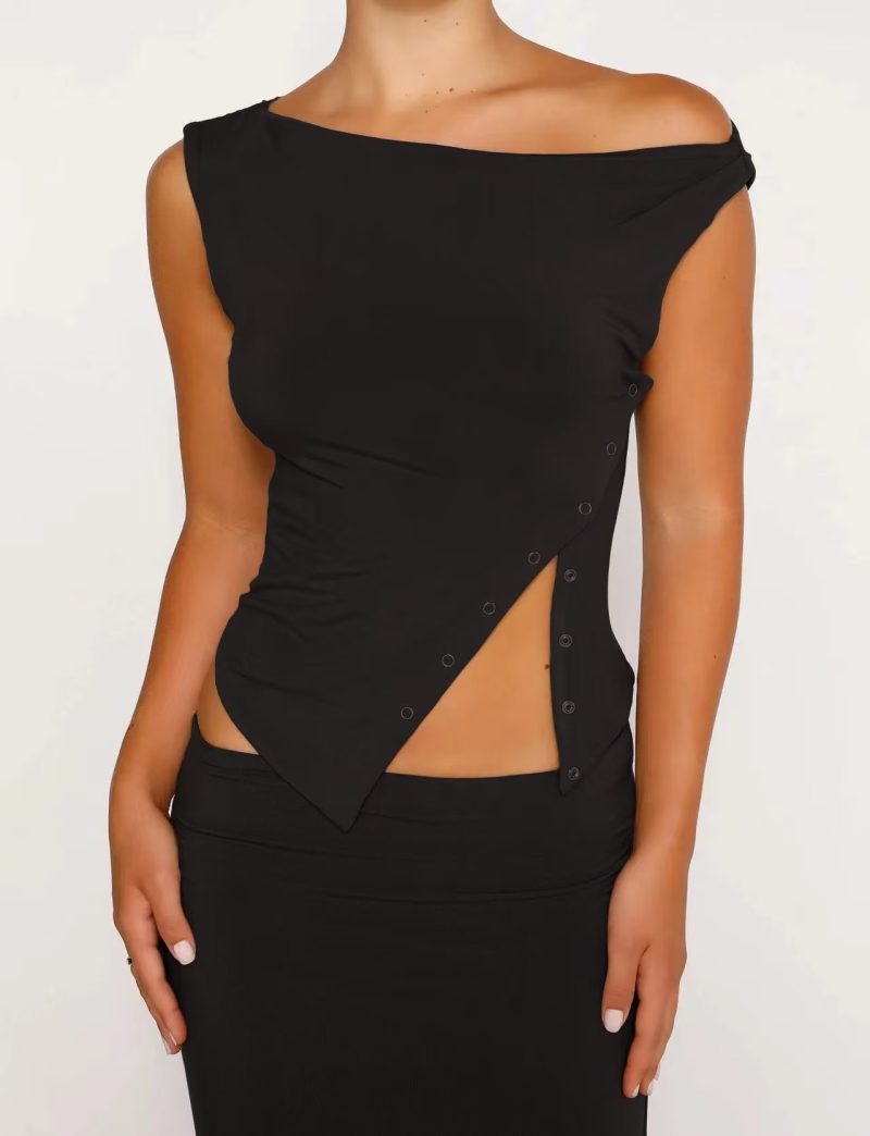 Women Clothing Spring Summer Solid Color Sleeveless One Shoulder Irregular Asymmetric Slit Women Top - Image 6