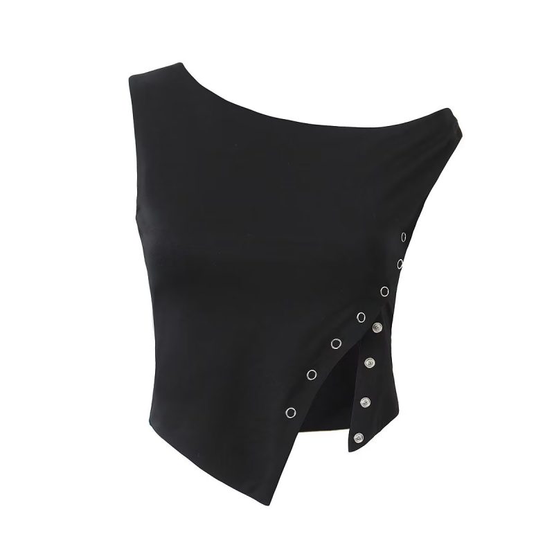 Women Clothing Spring Summer Solid Color Sleeveless One Shoulder Irregular Asymmetric Slit Women Top - Image 8