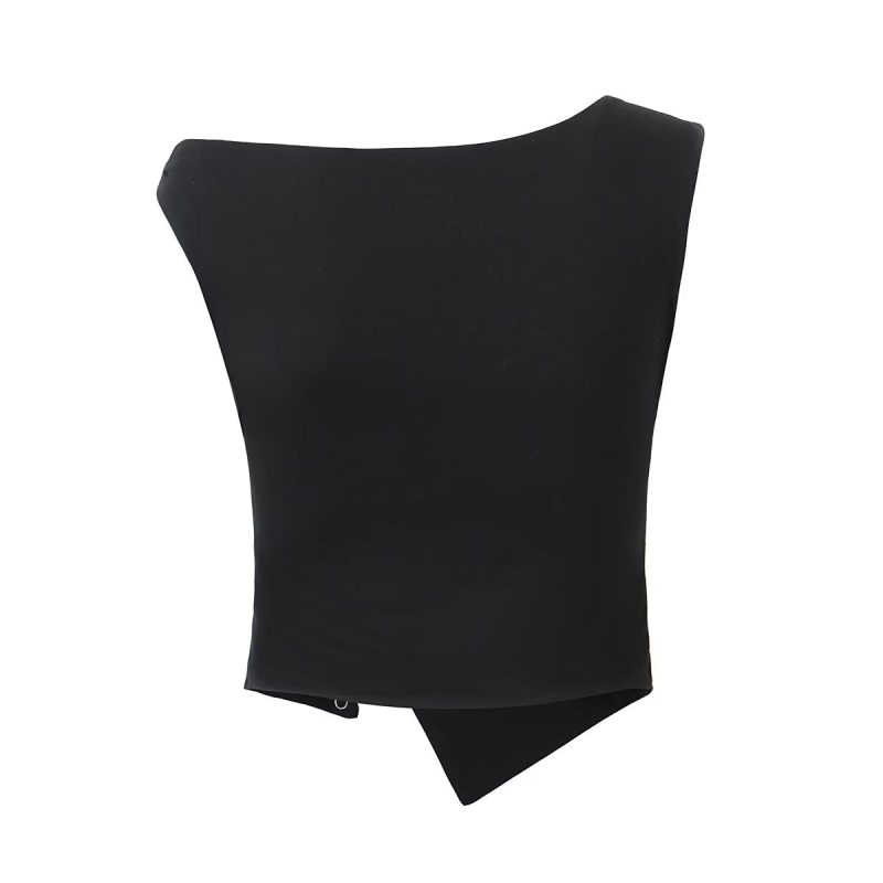 Women Clothing Spring Summer Solid Color Sleeveless One Shoulder Irregular Asymmetric Slit Women Top - Image 9