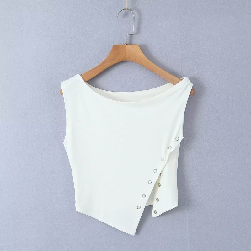 Women Clothing Spring Summer Solid Color Sleeveless One Shoulder Irregular Asymmetric Slit Women Top - Image 10
