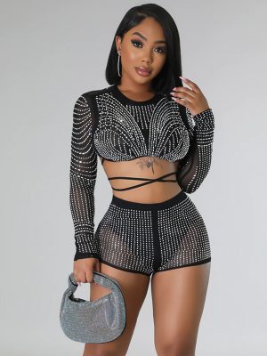 Women Wear Solid Color Mesh Drilling Long Sleeve Shorts Two Piece Set