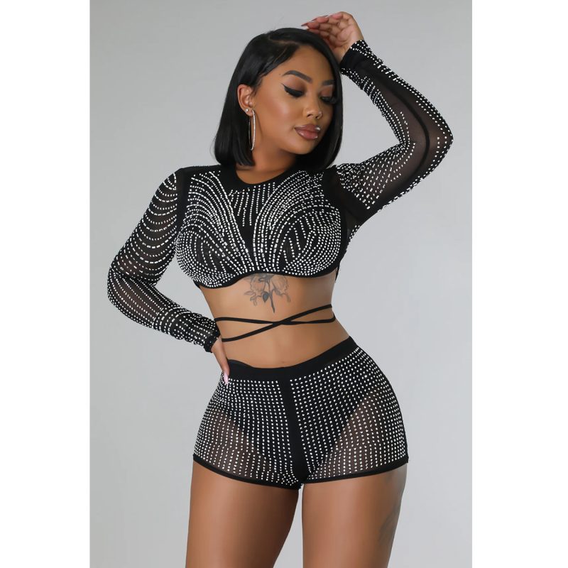 Women Wear Solid Color Mesh Drilling Long Sleeve Shorts Two Piece Set - Image 2