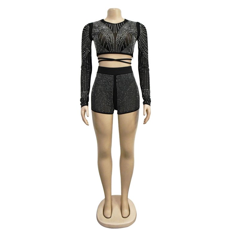 Women Wear Solid Color Mesh Drilling Long Sleeve Shorts Two Piece Set - Image 5