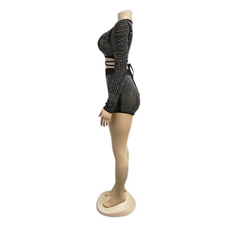 Women Wear Solid Color Mesh Drilling Long Sleeve Shorts Two Piece Set - Image 6