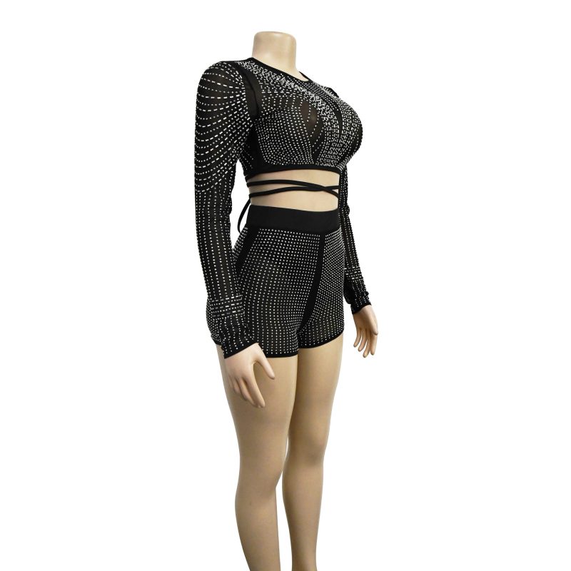 Women Wear Solid Color Mesh Drilling Long Sleeve Shorts Two Piece Set - Image 8