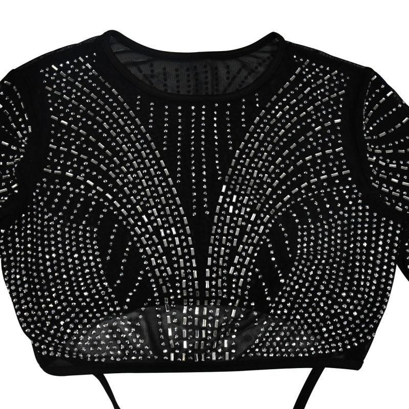 Women Wear Solid Color Mesh Drilling Long Sleeve Shorts Two Piece Set - Image 11