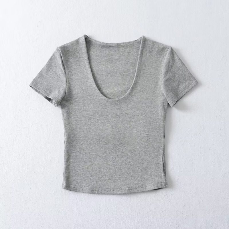 Solid Color V neck Tight Short Sleeved T shirt Women Summer Sexy Cropped Slim Fit Crop-Top - Image 2