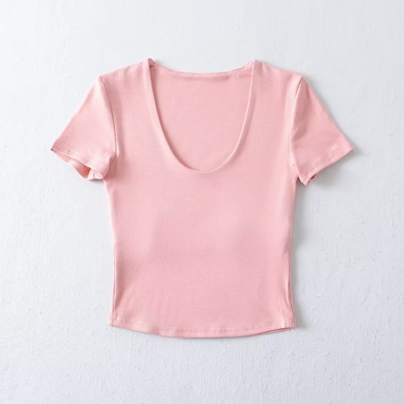 Solid Color V neck Tight Short Sleeved T shirt Women Summer Sexy Cropped Slim Fit Crop-Top - Image 3