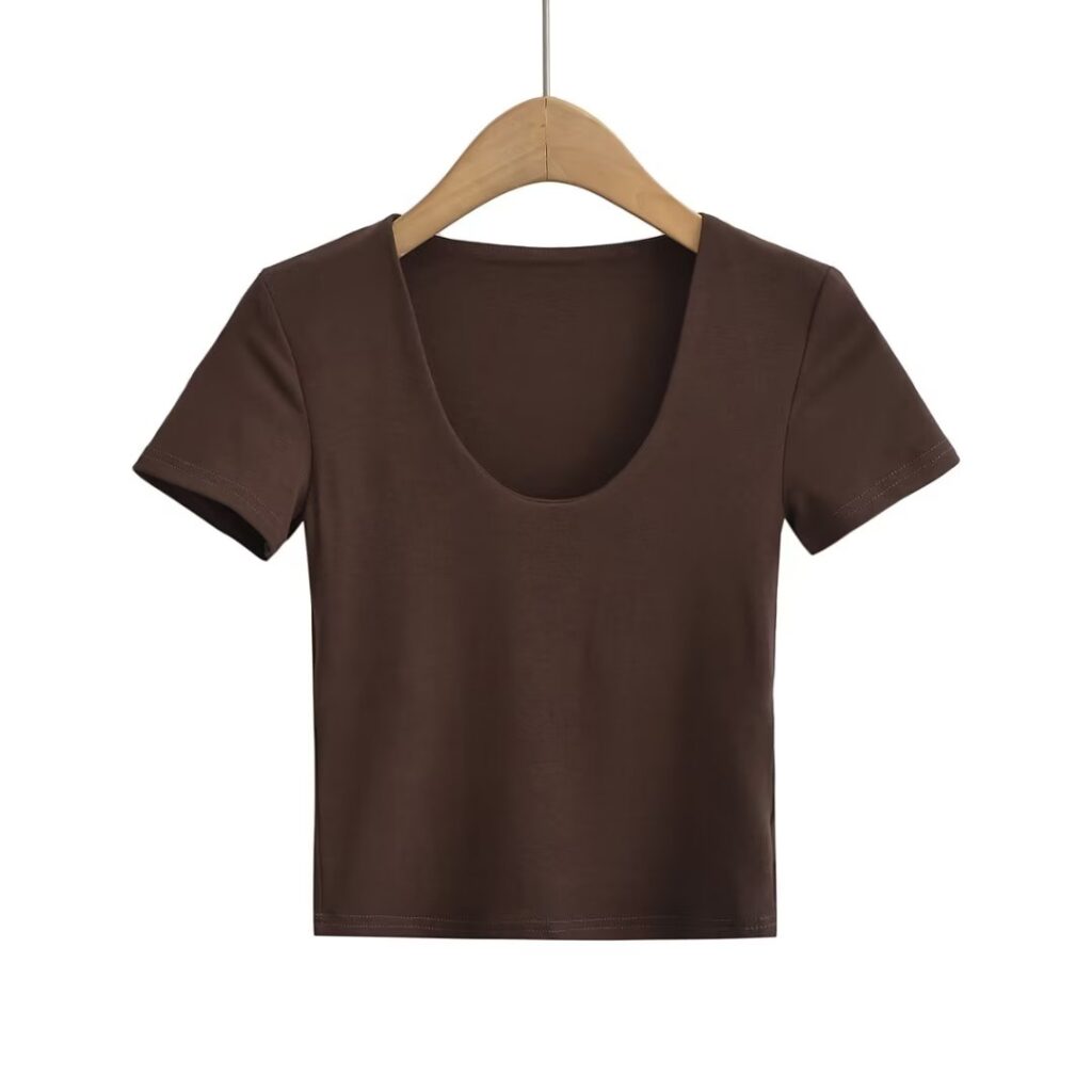 Solid Color V neck Tight Short Sleeved T shirt Women Summer Sexy Cropped Slim Fit Crop-Top - Image 4