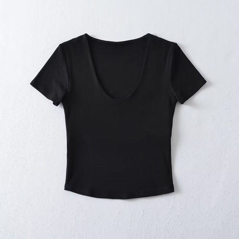 Solid Color V neck Tight Short Sleeved T shirt Women Summer Sexy Cropped Slim Fit Crop-Top - Image 5
