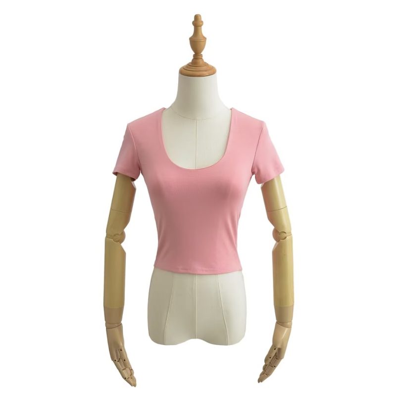 Solid Color V neck Tight Short Sleeved T shirt Women Summer Sexy Cropped Slim Fit Crop-Top - Image 15