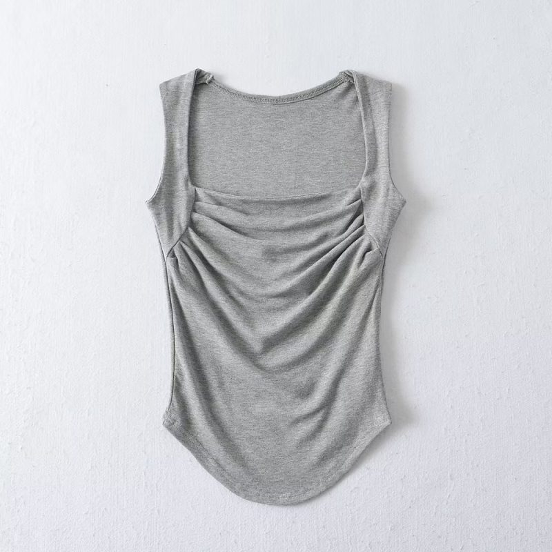 Sexy Wear Square Collar Pleated Vest Women Summer Sexy with Chest Pad Slim Fit Sleeveless Inner Match Top - Image 3
