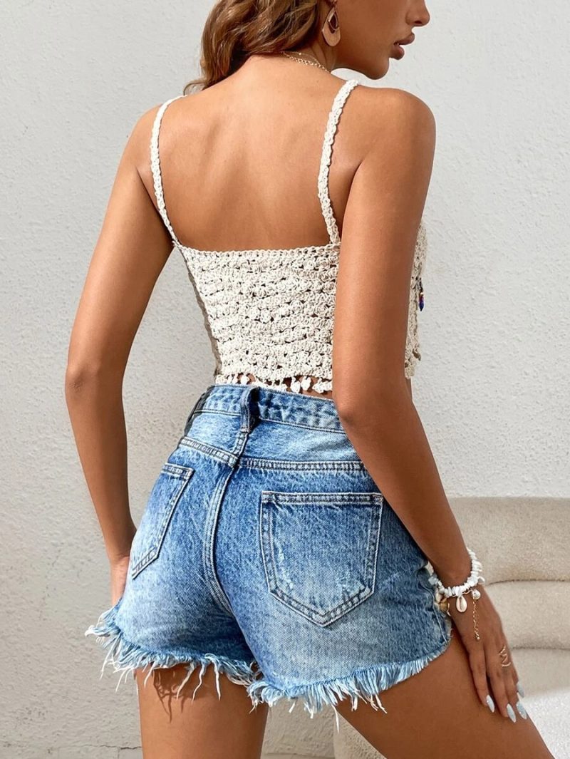 Women  New Summer Solid Color Hand Knitted Hollow Sling Top - Image 5