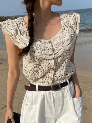 Women  New Summer Exquisite Heavy Industry Hollow Crochet Elegant Lotus Collar Top