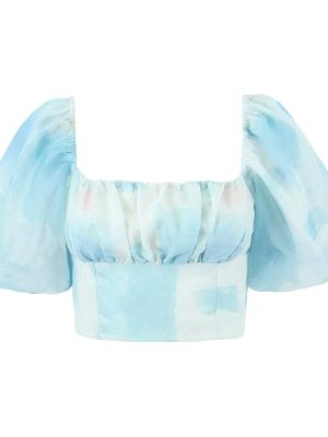 Blue Cropped Color Matching Lantern Sleeve Square Collar Top White