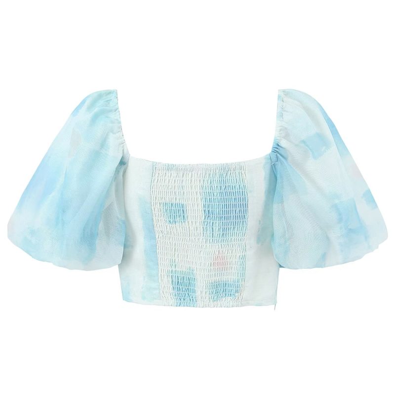 Blue Cropped Color Matching Lantern Sleeve Square Collar Top White - Image 2