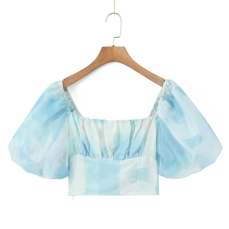 Blue Cropped Color Matching Lantern Sleeve Square Collar Top White - Image 3