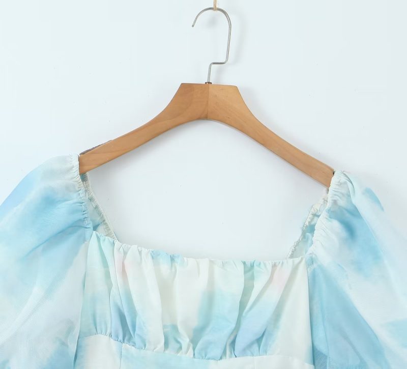 Blue Cropped Color Matching Lantern Sleeve Square Collar Top White - Image 4