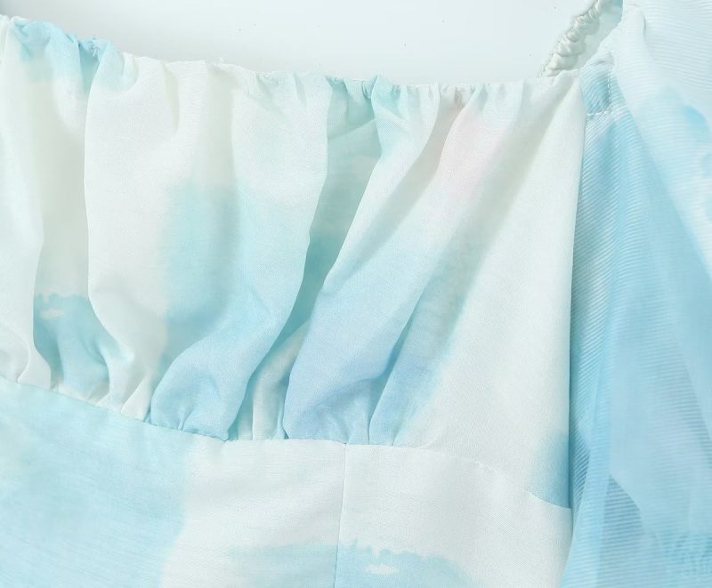 Blue Cropped Color Matching Lantern Sleeve Square Collar Top White - Image 6