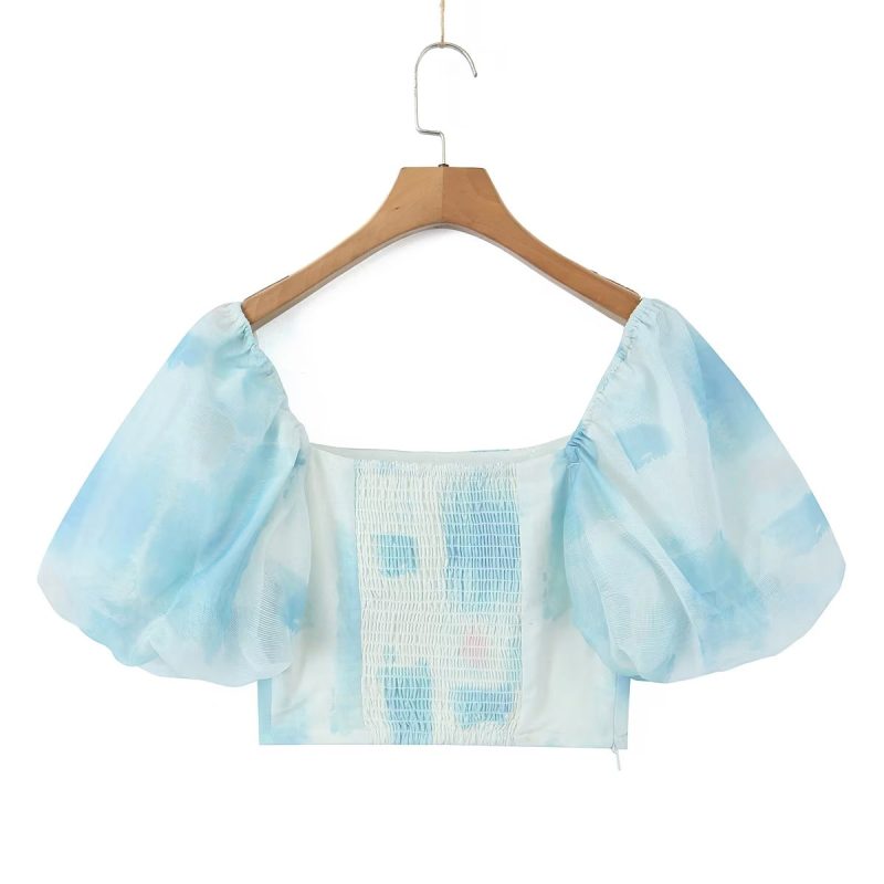 Blue Cropped Color Matching Lantern Sleeve Square Collar Top White - Image 7