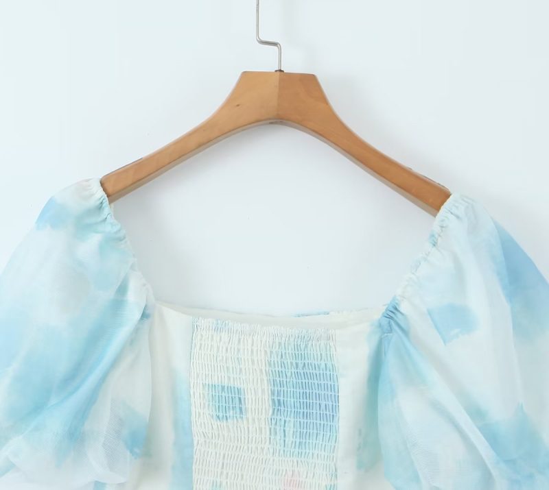 Blue Cropped Color Matching Lantern Sleeve Square Collar Top White - Image 8