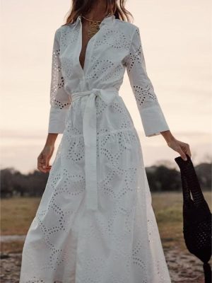 Women  Embroidered Maxi Dress Spring Summer Blouse Collar Dress  with Belt