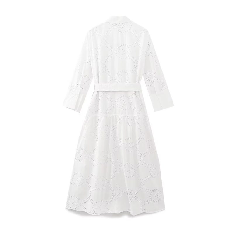 Women  Embroidered Maxi Dress Spring Summer Blouse Collar Dress  with Belt - Image 4