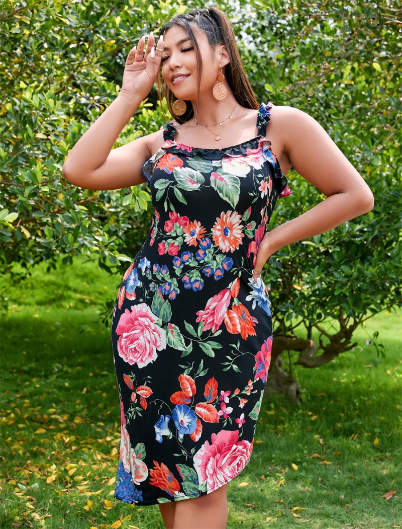 New Plus Size Women Lace Strap Fragmented Flower Dress Summer Versatility Slimming - Image 5