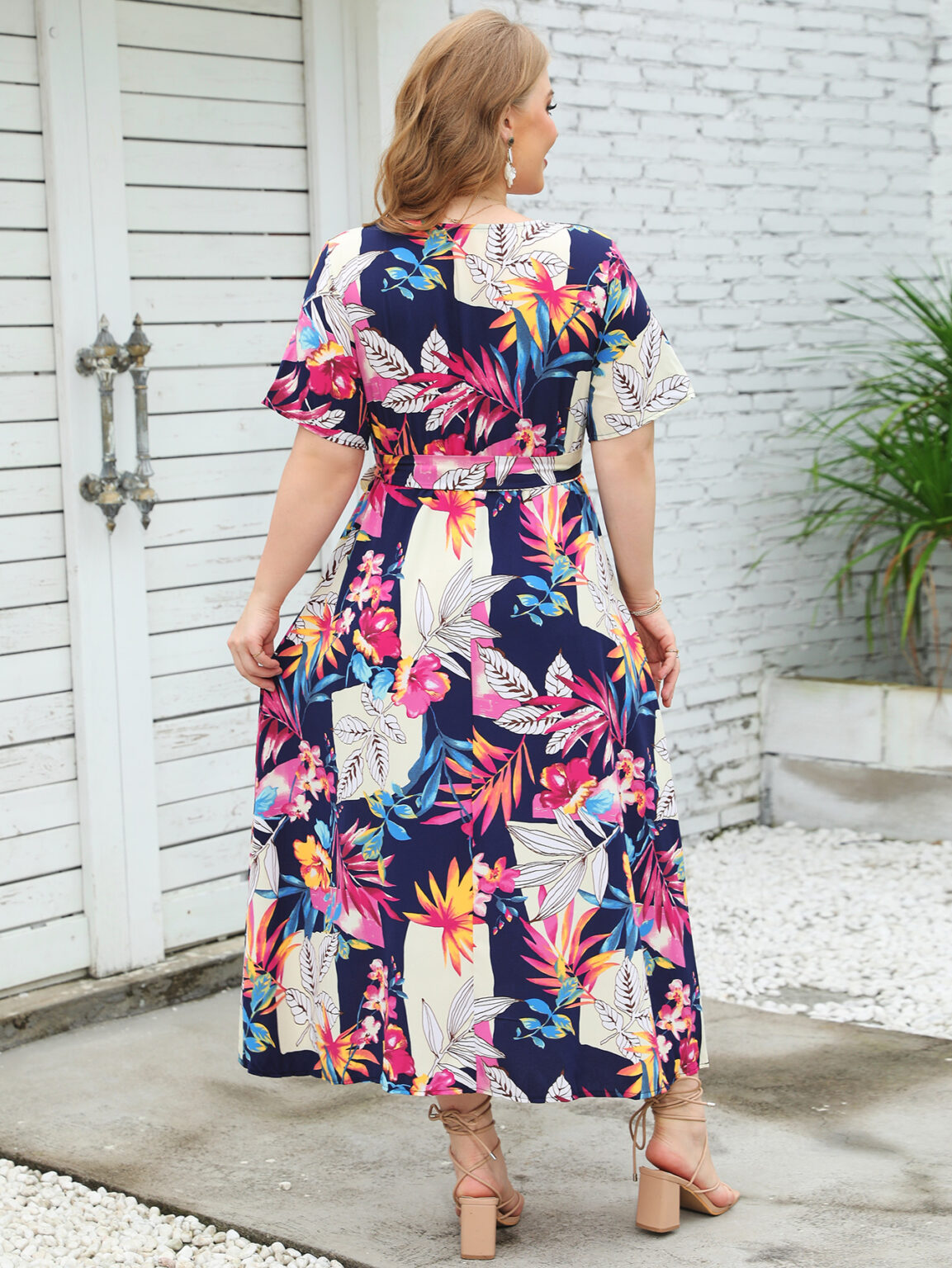 Summer Short Sleeve V Neck Fragmented Flower Dress Super Slim Fit Long Dress Plus Size Women Dress - Image 8