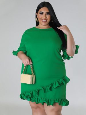 Plus Size Women Clothes Slim round Neck Solid Color Ruffles Casual Dress