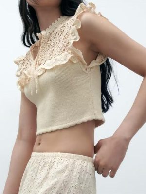 Summer Women Vest Sweet Lotus Leaf Sleeveless Hollow Out Cutout Out Stitching Knitted Top