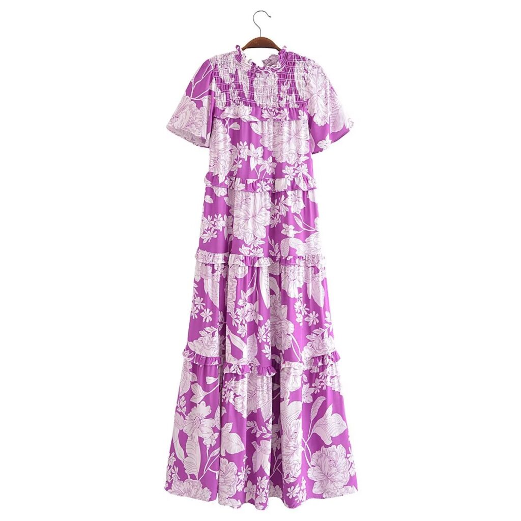 Women Rayon Floral Elastic Cake Layer Short Sleeve Dress