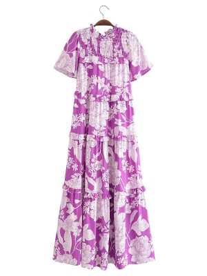 Women Rayon Floral Elastic Cake Layer Short Sleeve Dress