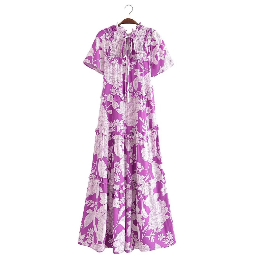 Women Rayon Floral Elastic Cake Layer Short Sleeve Dress - Image 2