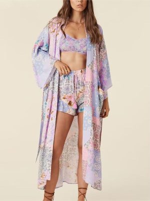 Bohemian Spring Vacation Women Turquoise Positioning Printing Lace up Rayon Kimono Women