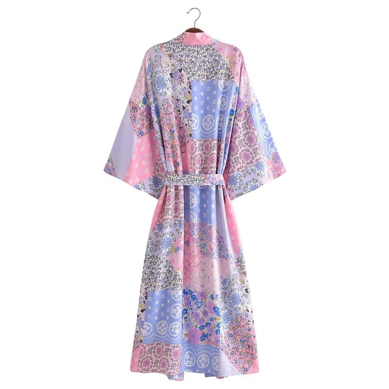 Bohemian Spring Vacation Women Turquoise Positioning Printing Lace up Rayon Kimono Women - Image 3