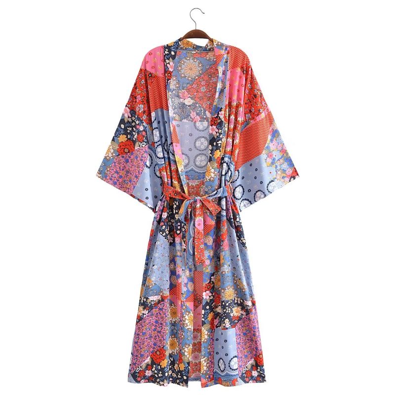 Bohemian Spring Vacation Women Turquoise Positioning Printing Lace up Rayon Kimono Women - Image 4