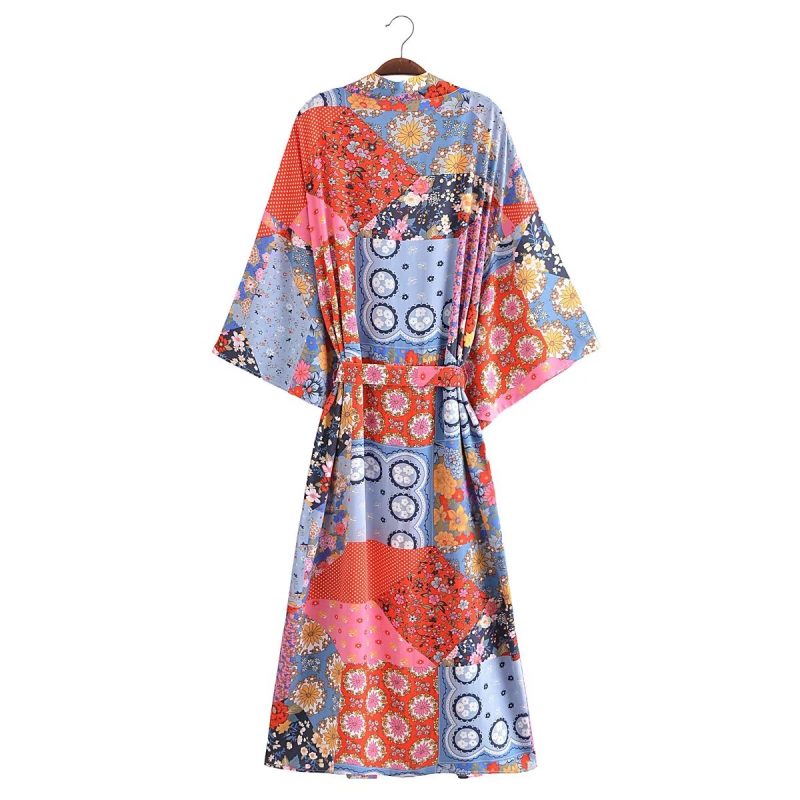 Bohemian Spring Vacation Women Turquoise Positioning Printing Lace up Rayon Kimono Women - Image 5
