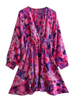 Spring Fall Women V neck Floral Print Laminated Decoration Dress