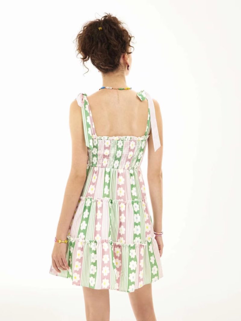 Summer Wooden Ear Flat Strap Dress Women Waist Controlled Lace Up Mixed Color Stripe Dress - Image 2