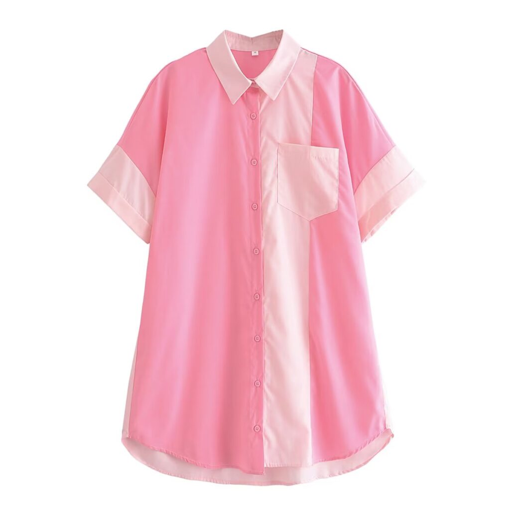 Collared Single Breasted Cuff Pinch Pleated Curved Hem Slit on Both Sides Women Loose Shirt - Image 2