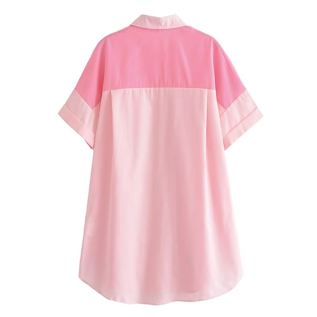 Collared Single Breasted Cuff Pinch Pleated Curved Hem Slit on Both Sides Women Loose Shirt - Image 3