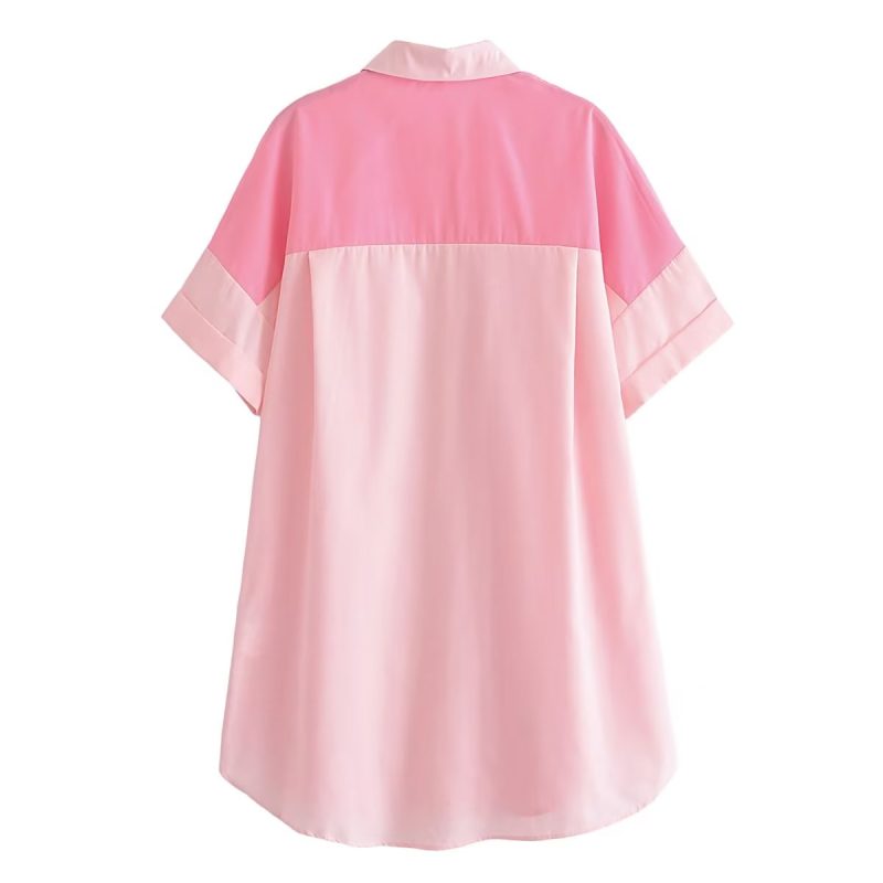 Collared Single Breasted Cuff Pinch Pleated Curved Hem Slit on Both Sides Women Loose Shirt - Image 3