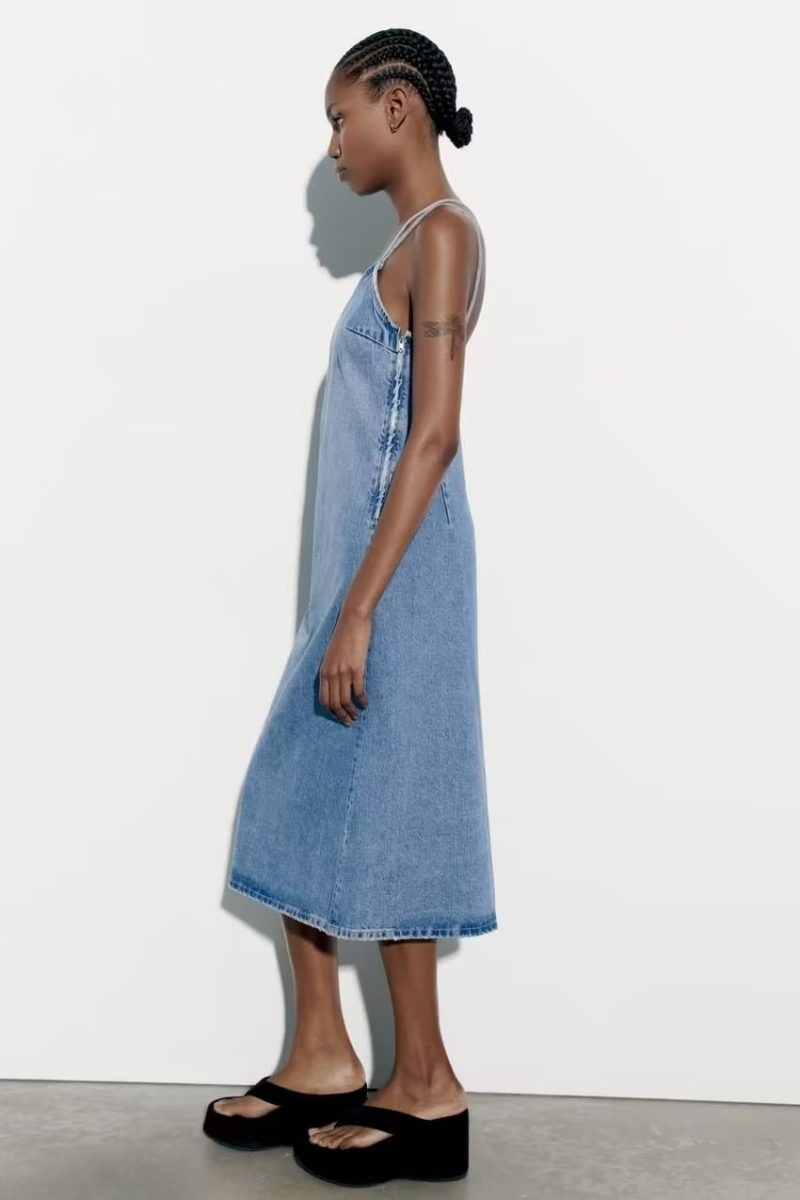 Women Spring Women  Asymmetric Denim Sling Midi Dress - Image 3